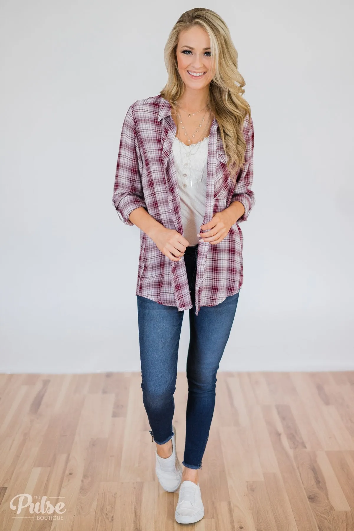 Button Up Plaid Top- Ivory & Wine