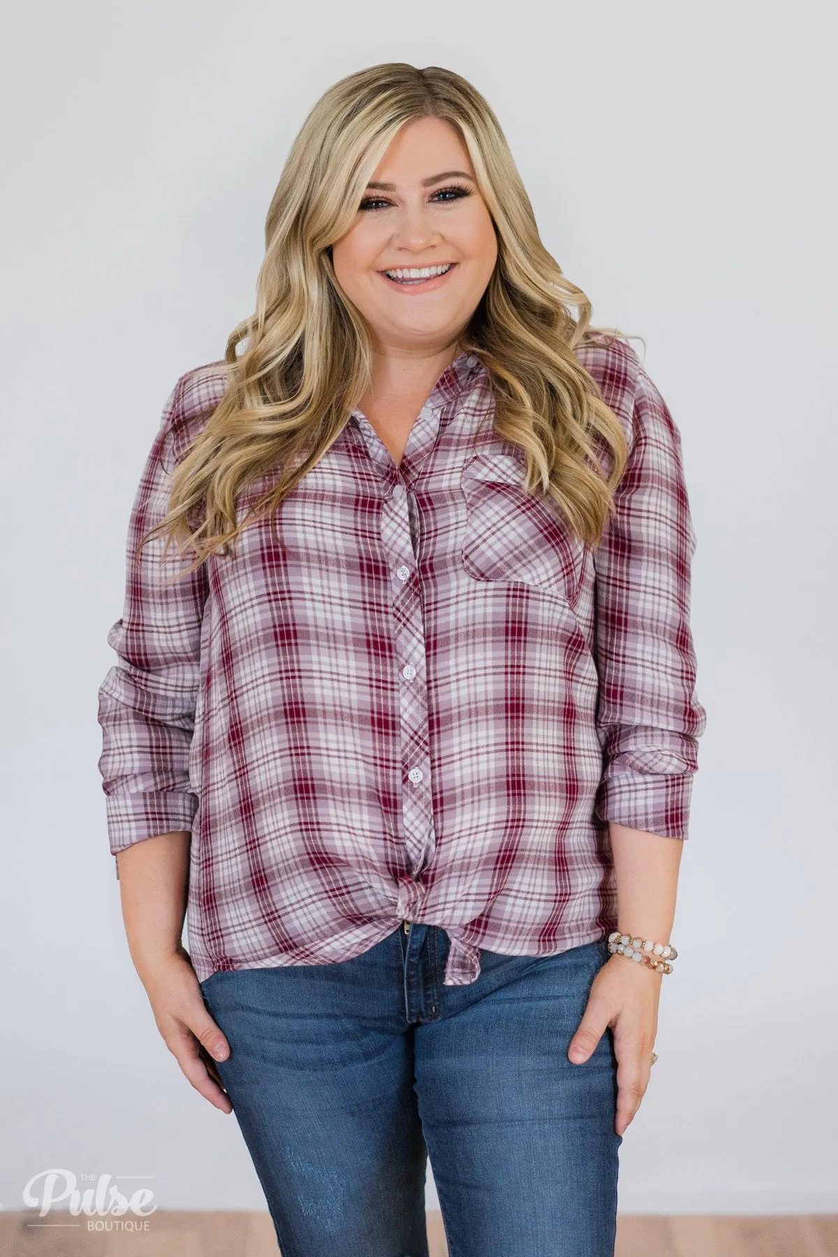 Button Up Plaid Top- Ivory & Wine