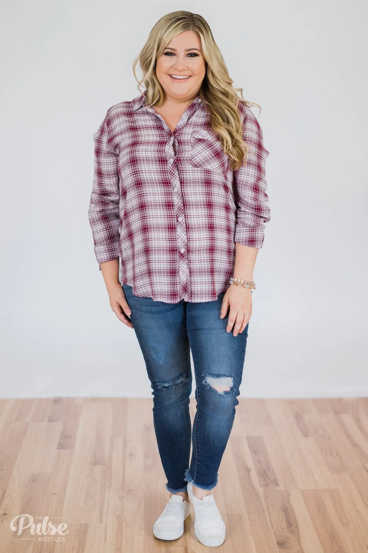 Button Up Plaid Top- Ivory & Wine