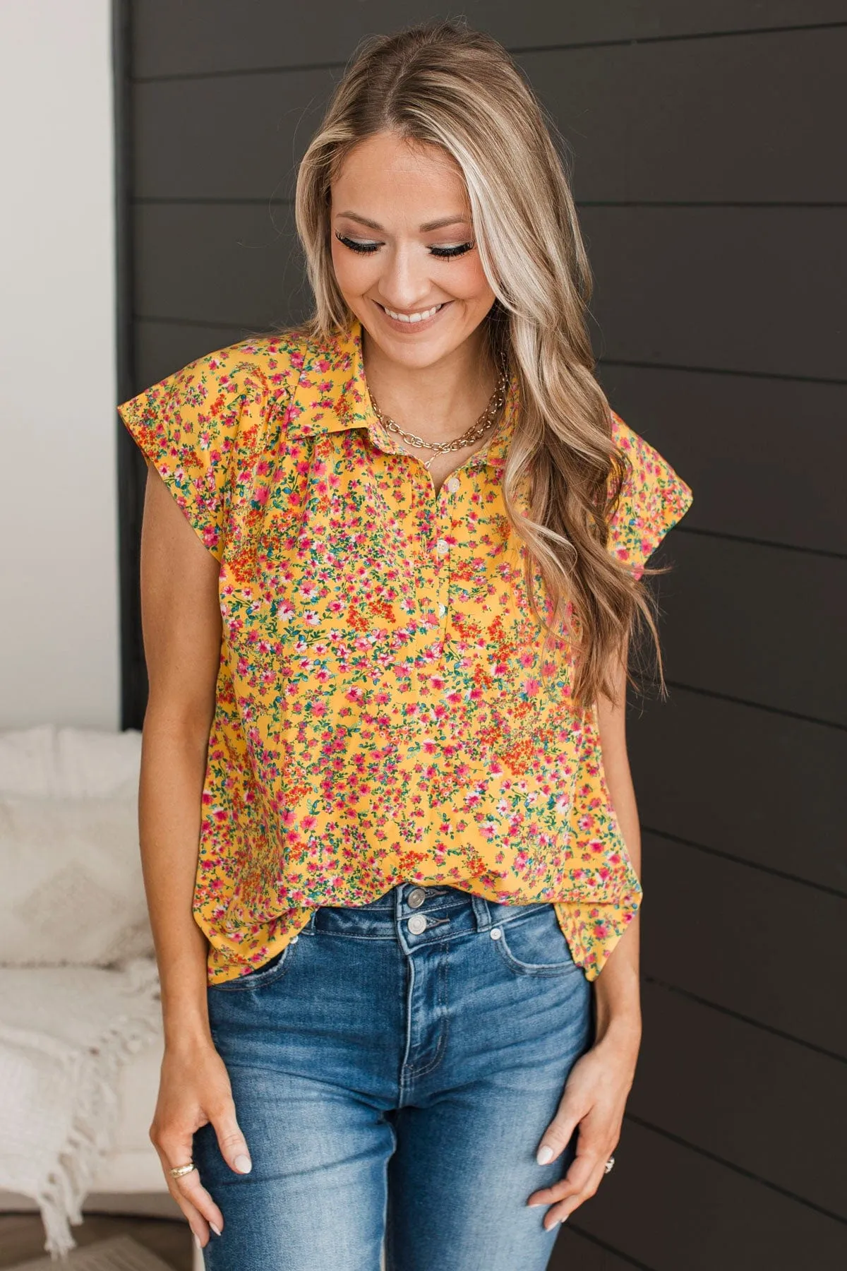 Can't Deny Floral Button Top- Marigold & Pink