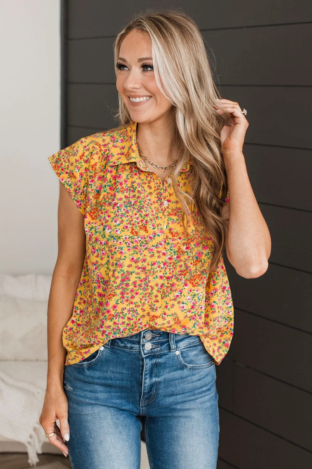 Can't Deny Floral Button Top- Marigold & Pink