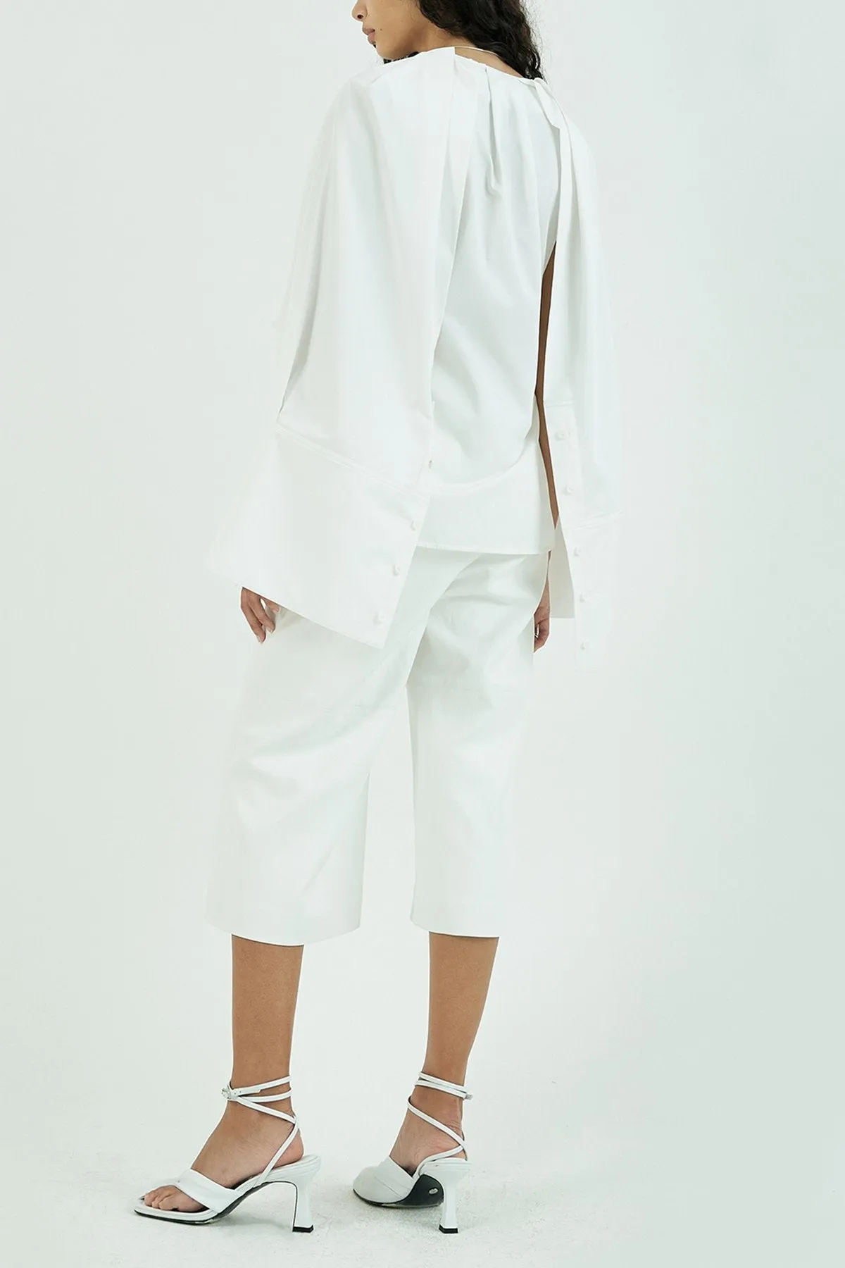 Cape Overlay Button Up Cotton Blouse in Ivory