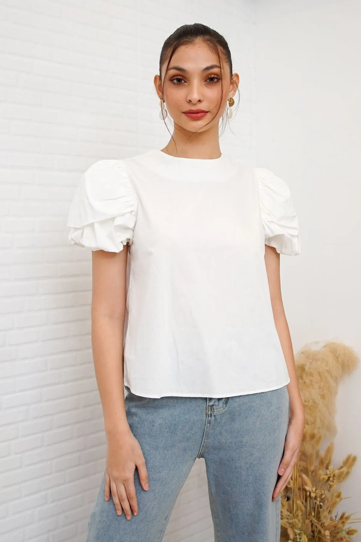 CATALEYA Poplin Puff-Sleeve Top (White)