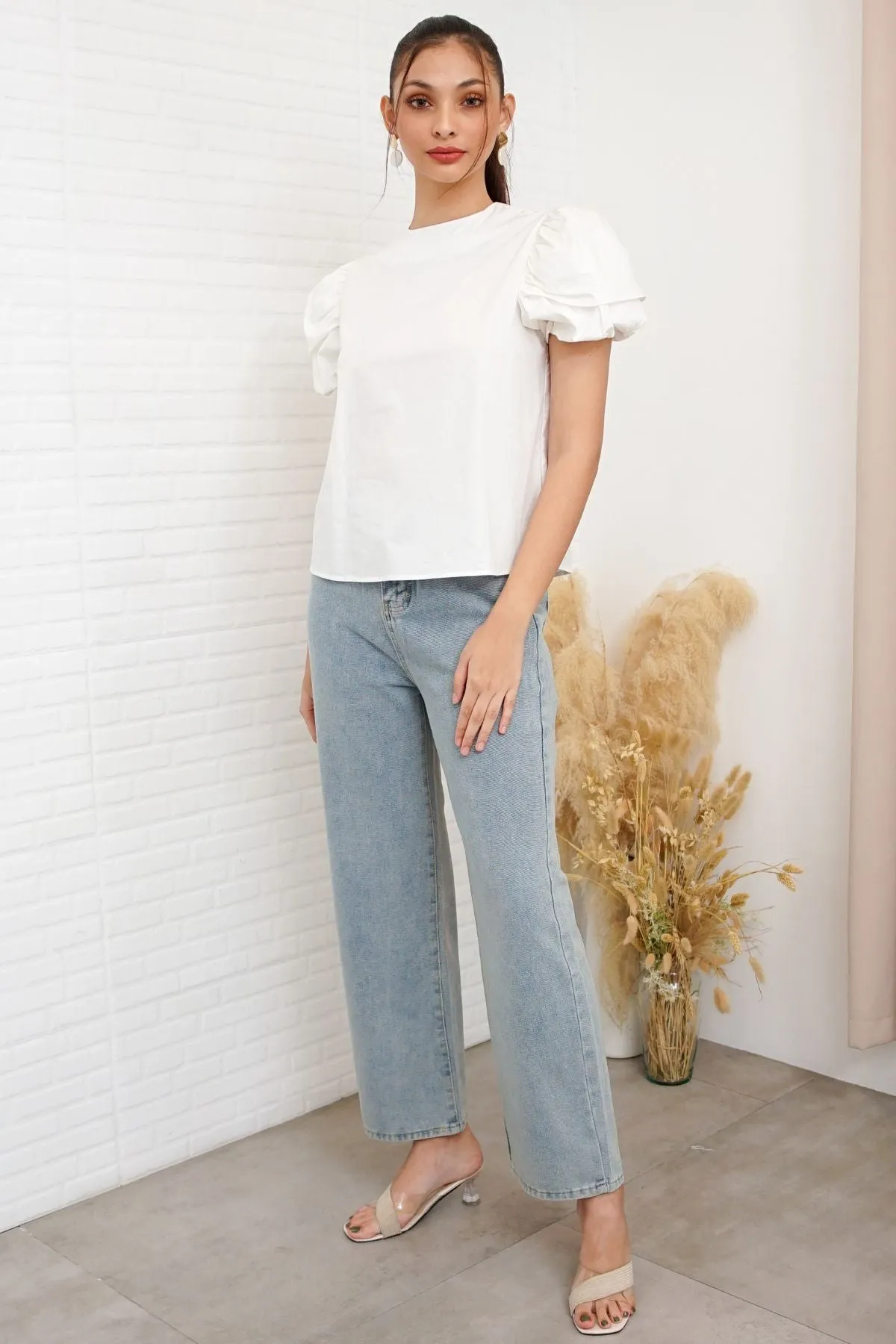 CATALEYA Poplin Puff-Sleeve Top (White)