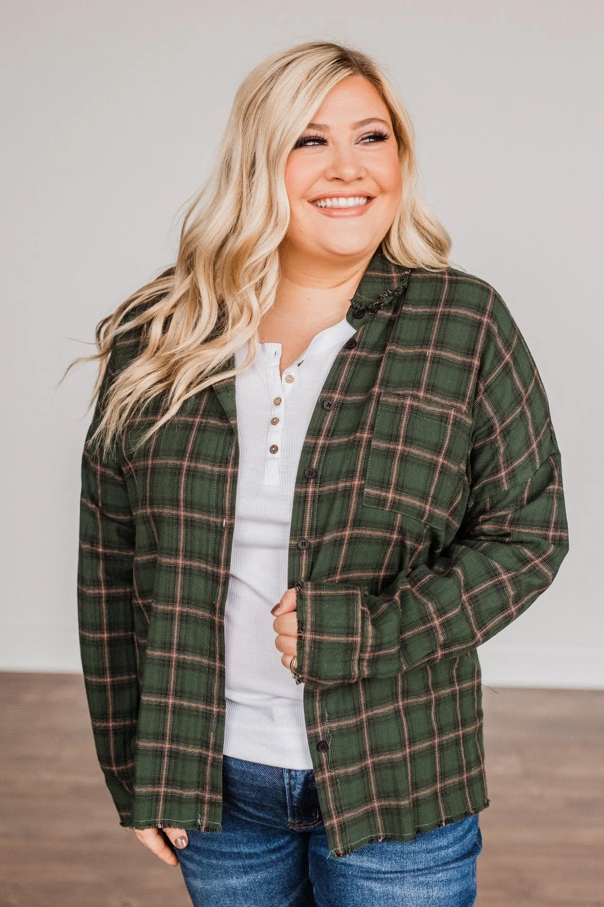 Catching Snowflakes Button Plaid Top- Green