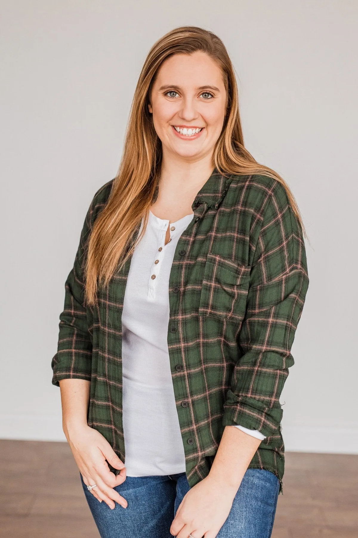 Catching Snowflakes Button Plaid Top- Green