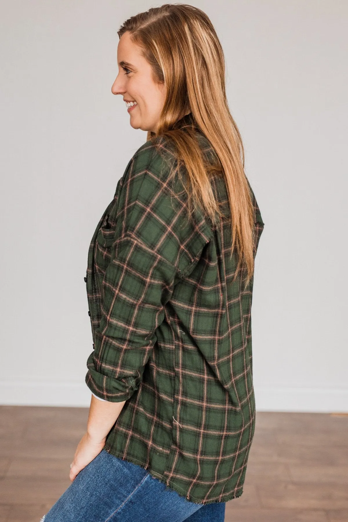 Catching Snowflakes Button Plaid Top- Green