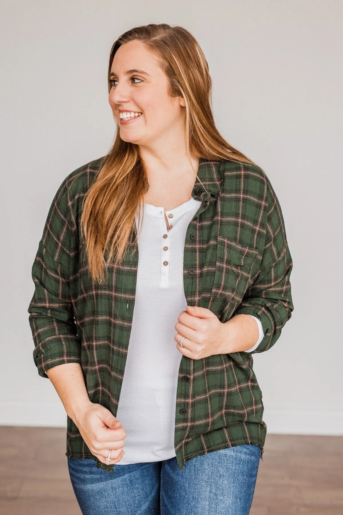 Catching Snowflakes Button Plaid Top- Green