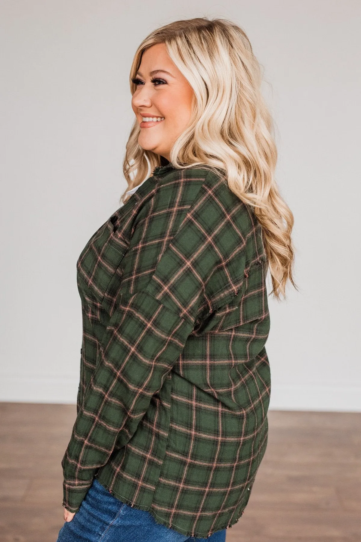 Catching Snowflakes Button Plaid Top- Green