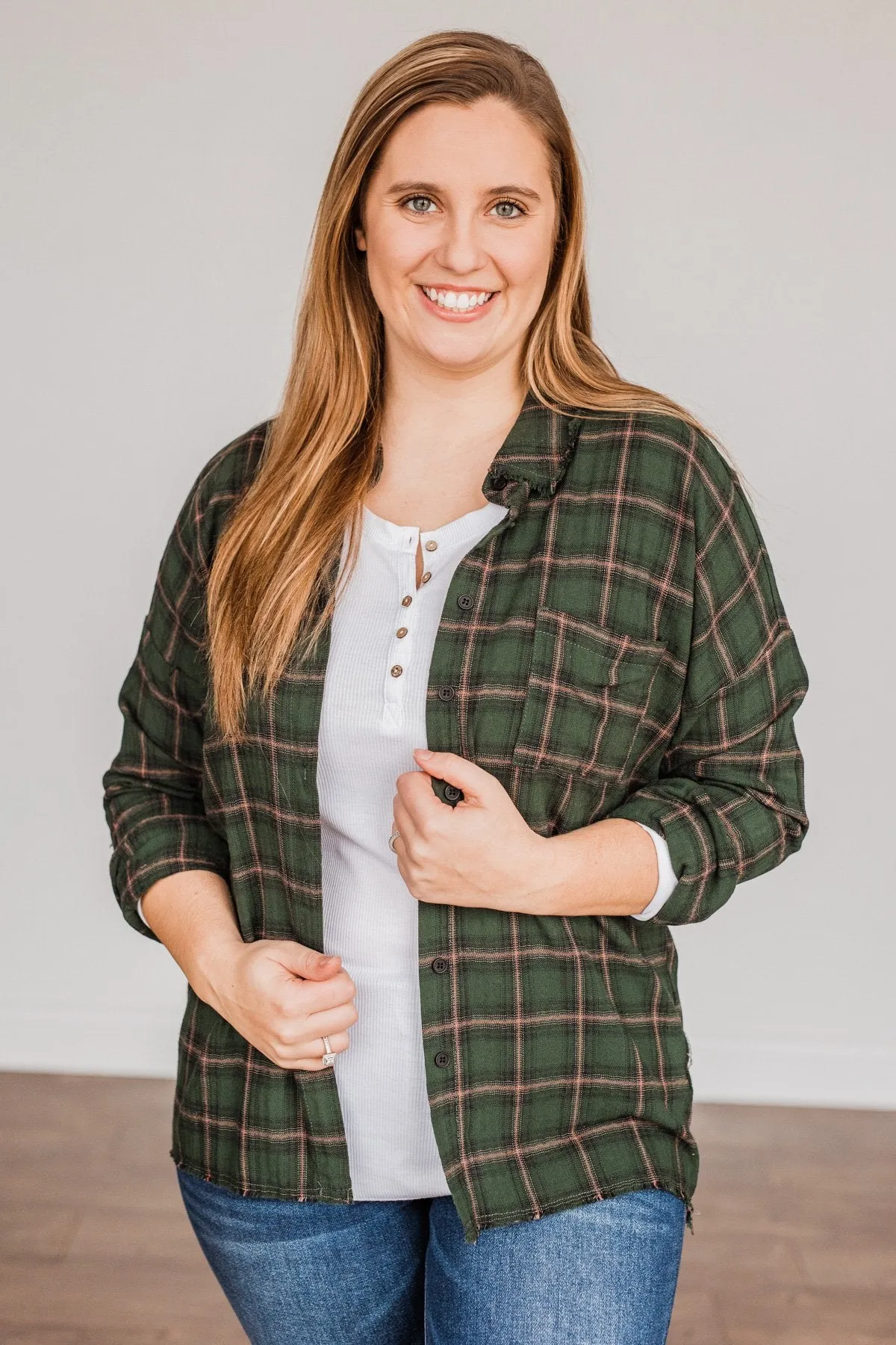 Catching Snowflakes Button Plaid Top- Green