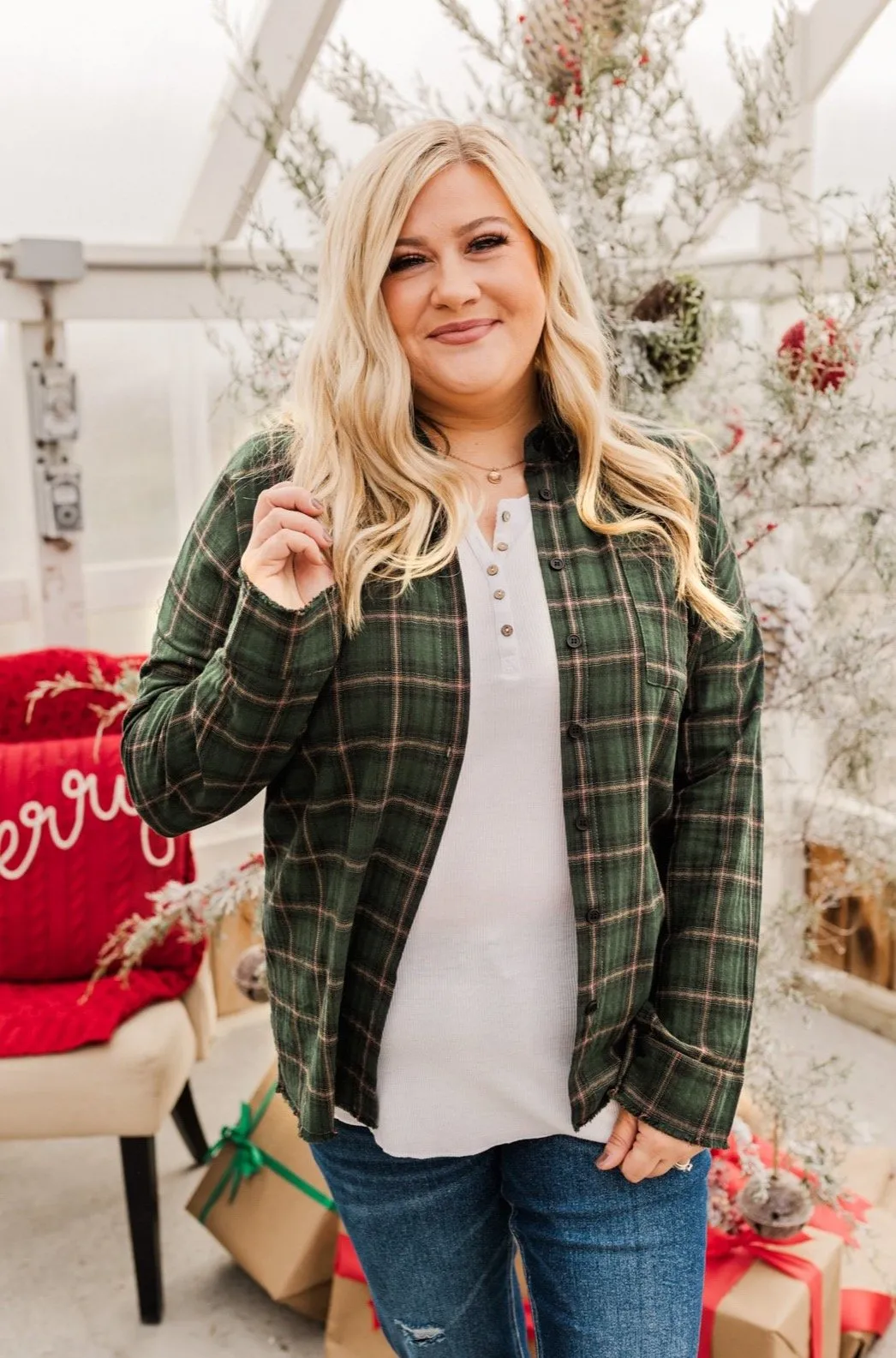 Catching Snowflakes Button Plaid Top- Green
