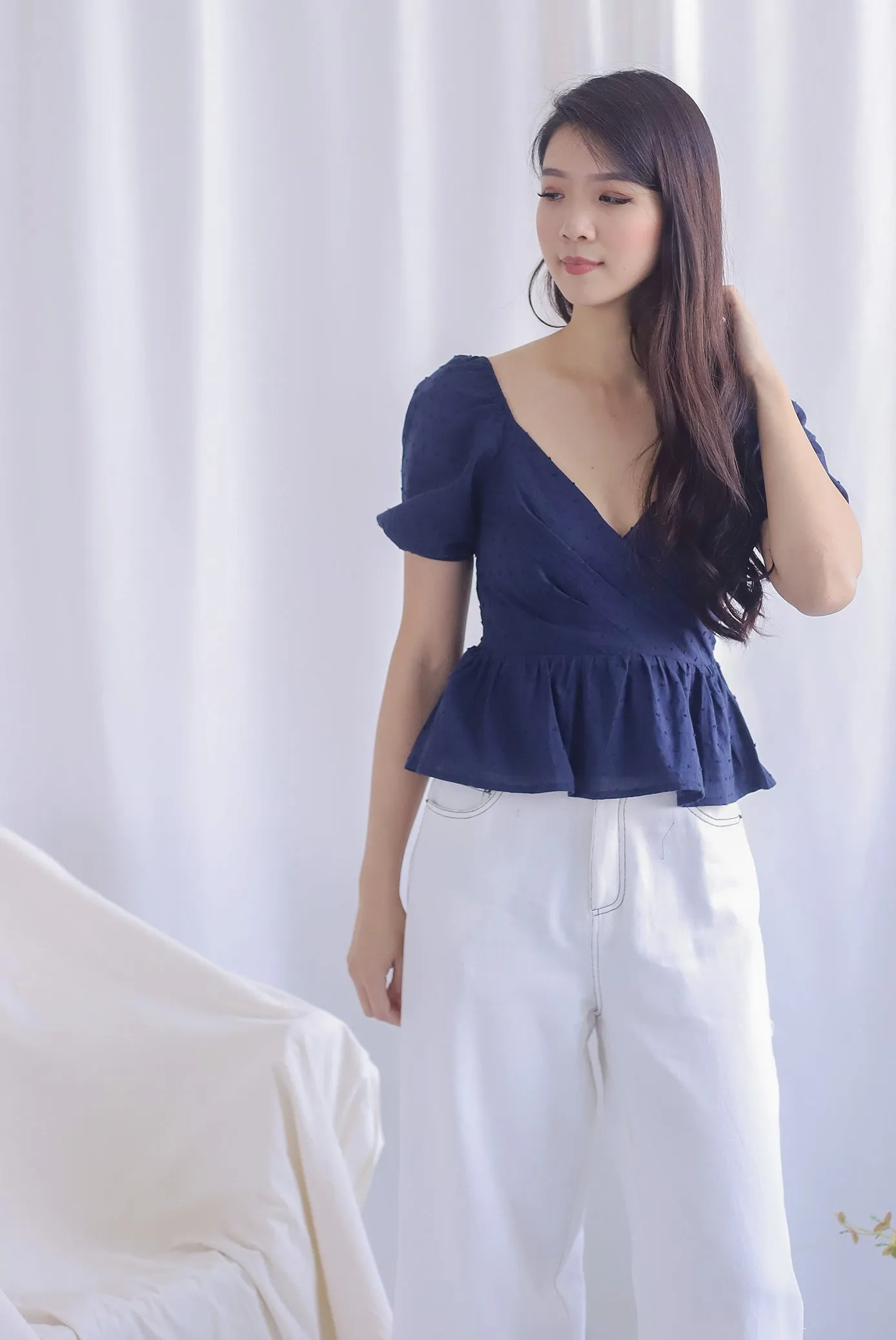 Chloe Swiss Dot Peplum Top in Navy Blue