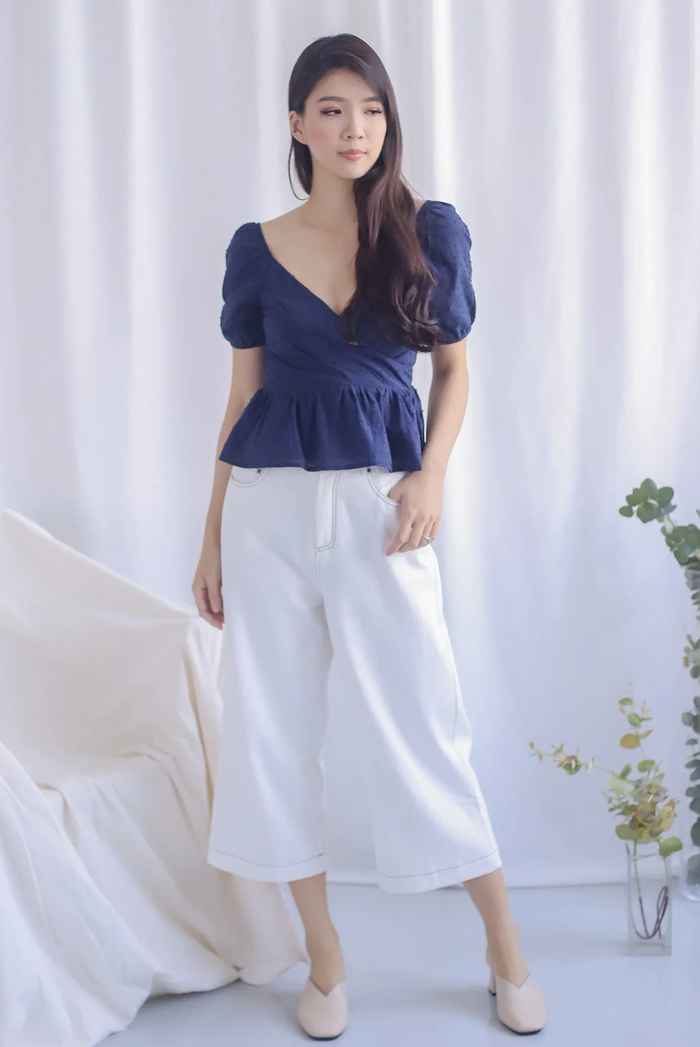 Chloe Swiss Dot Peplum Top in Navy Blue