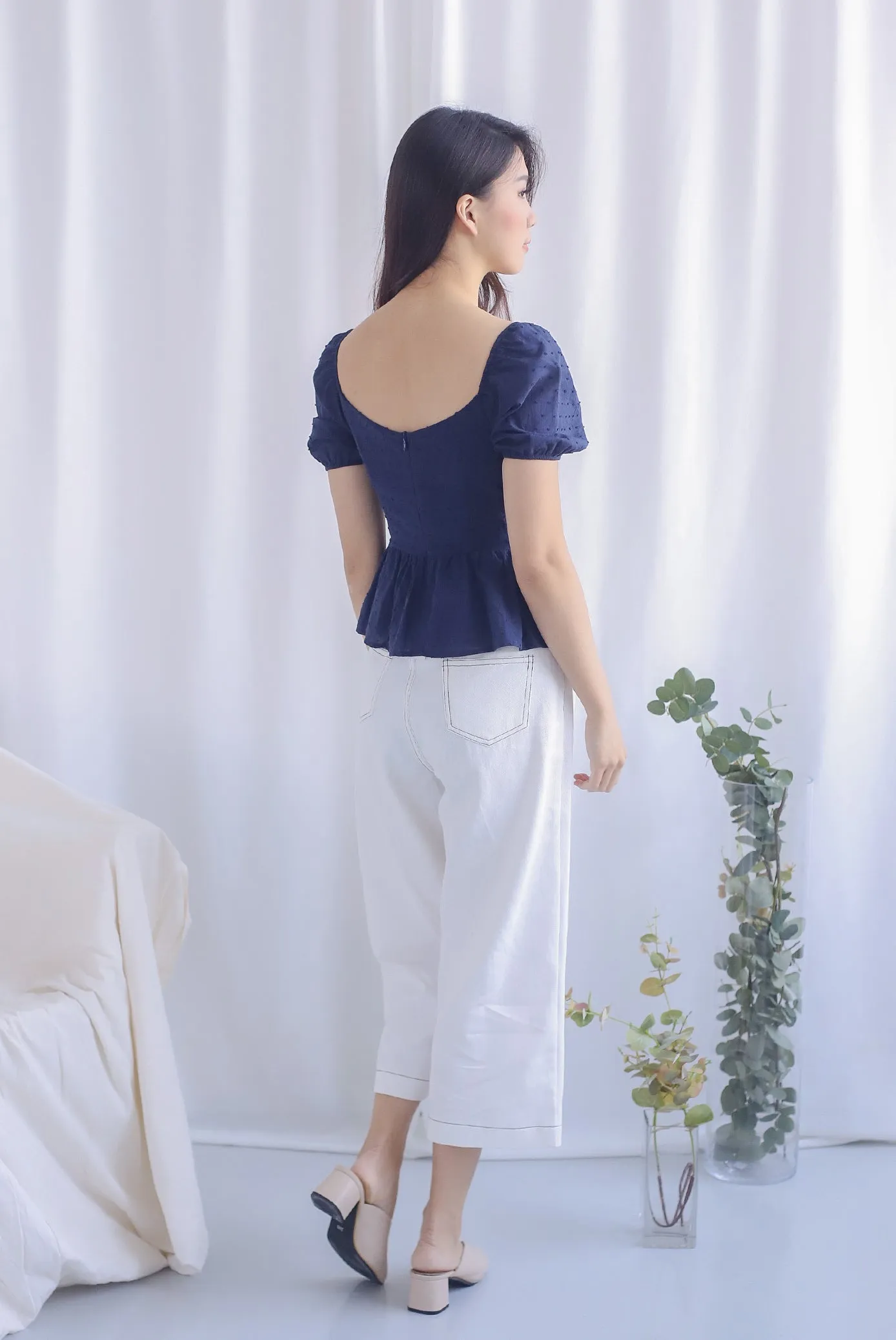 Chloe Swiss Dot Peplum Top in Navy Blue