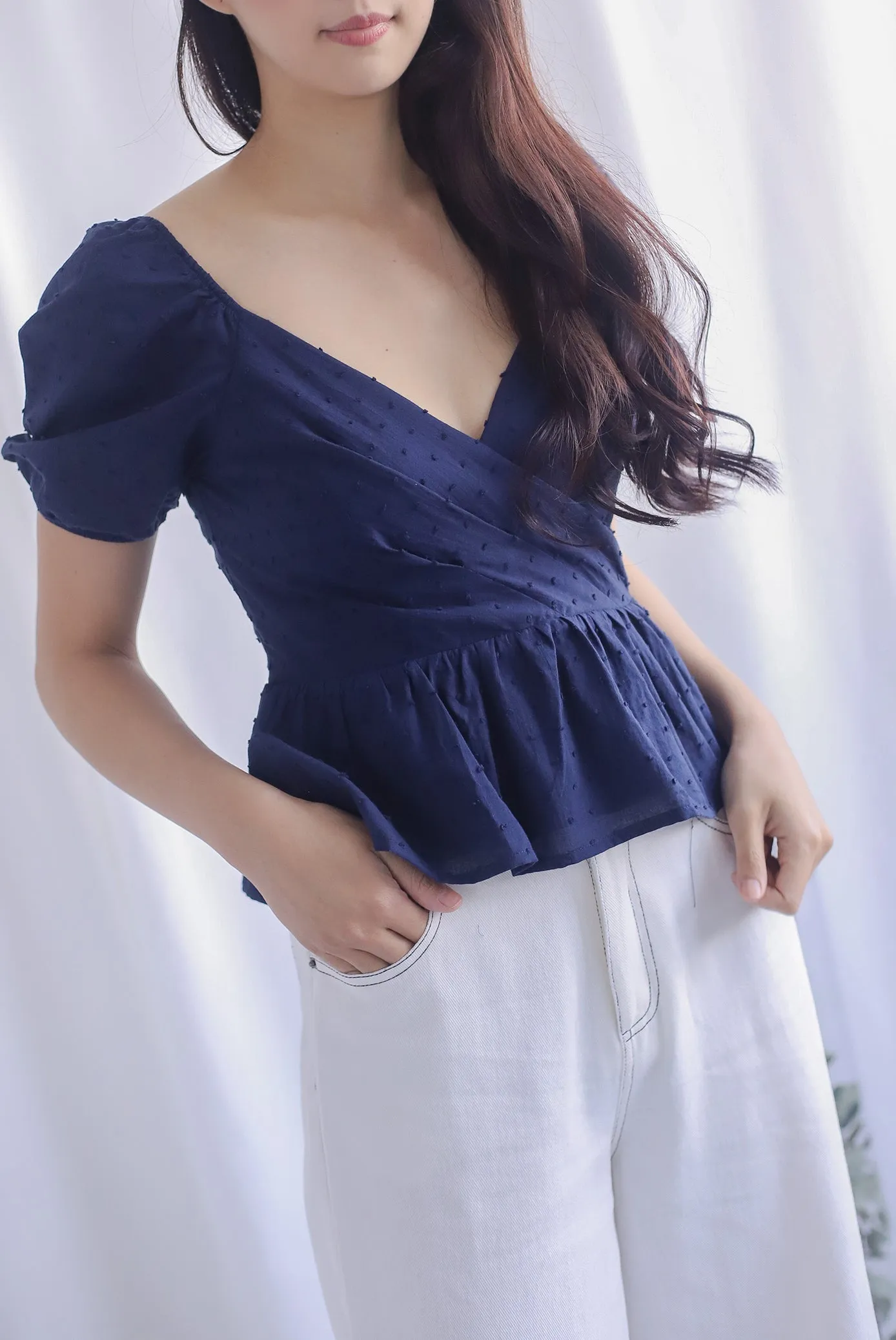 Chloe Swiss Dot Peplum Top in Navy Blue