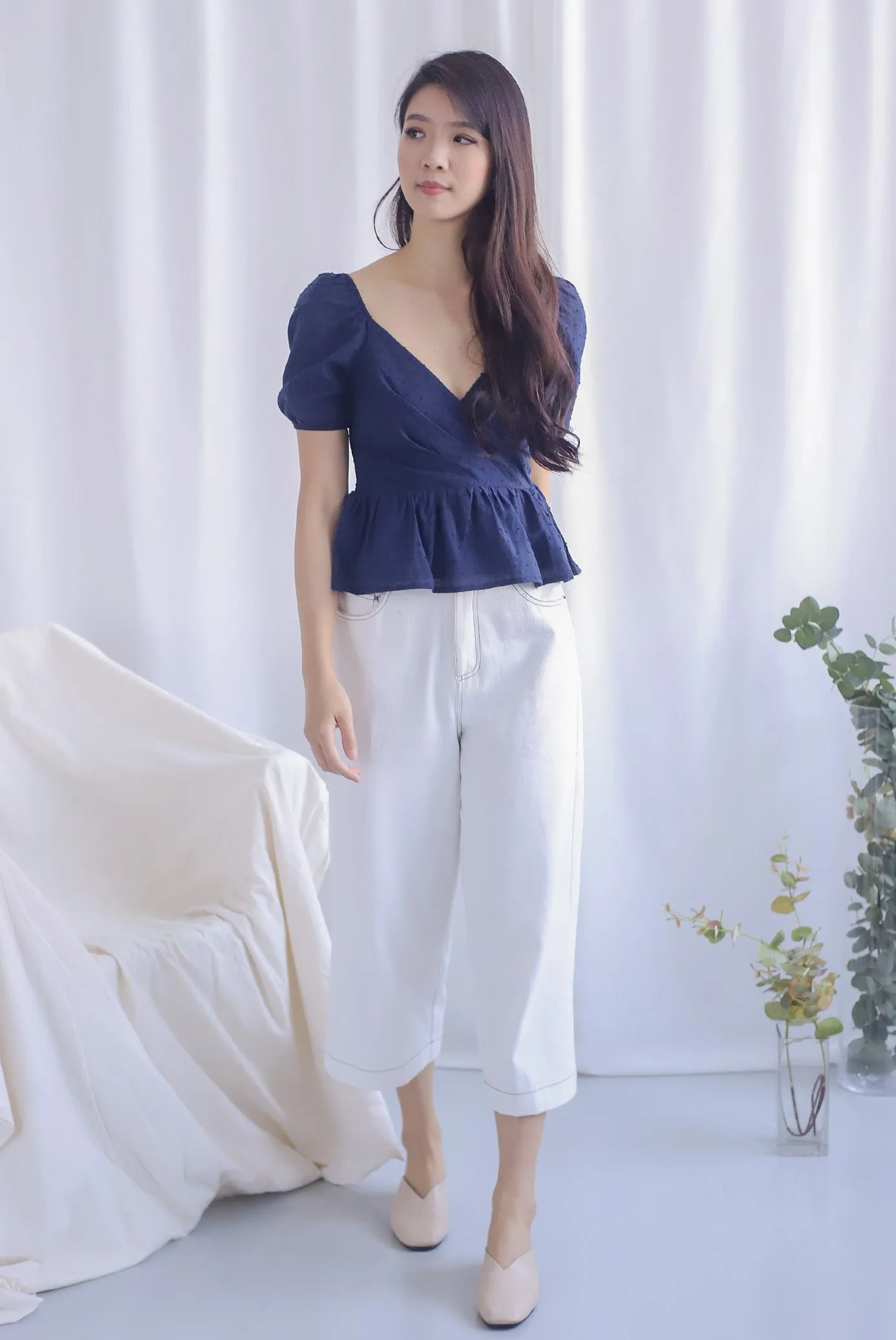 Chloe Swiss Dot Peplum Top in Navy Blue