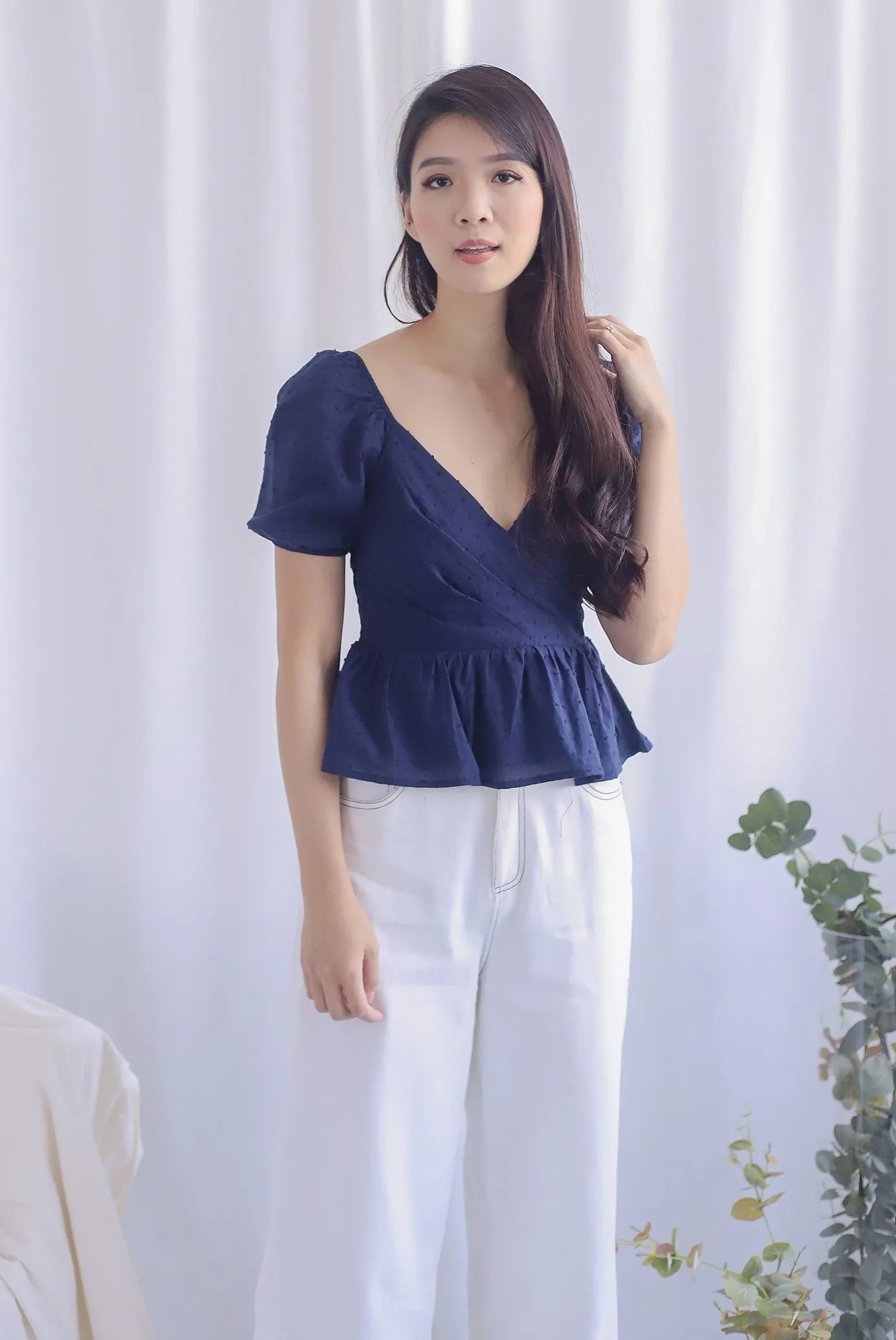Chloe Swiss Dot Peplum Top in Navy Blue