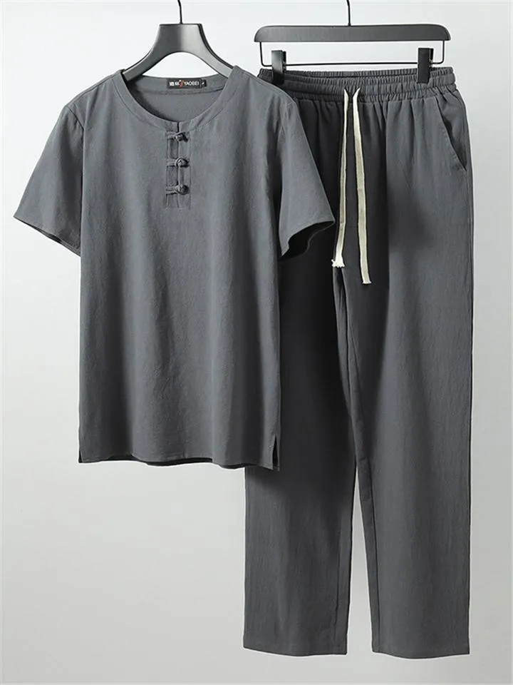 Comfy Two-Piece Outfit Front Button Short Sleeve T-Shirt   Drawstring Waistband Pants