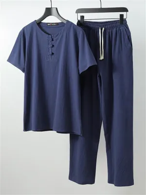 Comfy Two-Piece Outfit Front Button Short Sleeve T-Shirt   Drawstring Waistband Pants