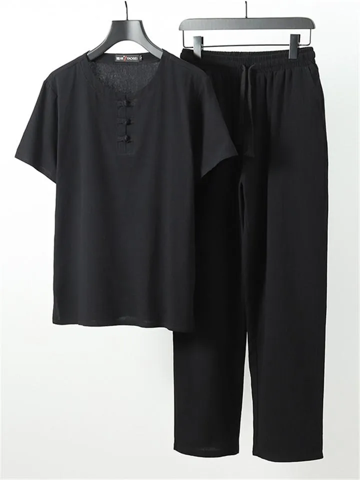 Comfy Two-Piece Outfit Front Button Short Sleeve T-Shirt   Drawstring Waistband Pants