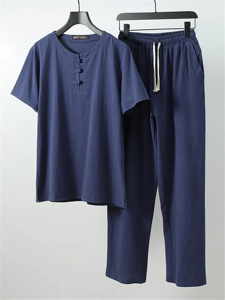 Comfy Two-Piece Outfit Front Button Short Sleeve T-Shirt   Drawstring Waistband Pants