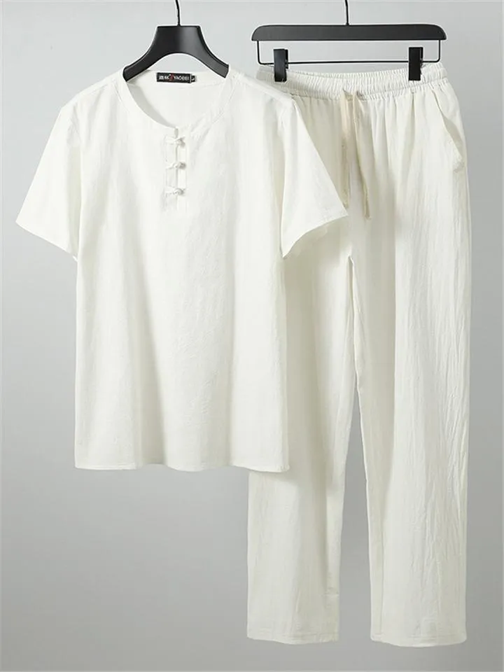 Comfy Two-Piece Outfit Front Button Short Sleeve T-Shirt   Drawstring Waistband Pants