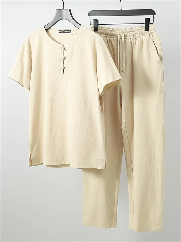Comfy Two-Piece Outfit Front Button Short Sleeve T-Shirt   Drawstring Waistband Pants