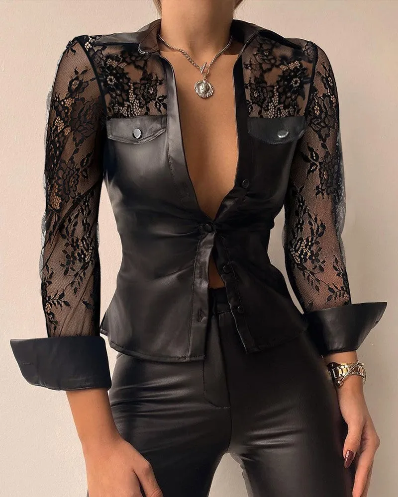 Contrast Lace PU Leather Button Down Shirt