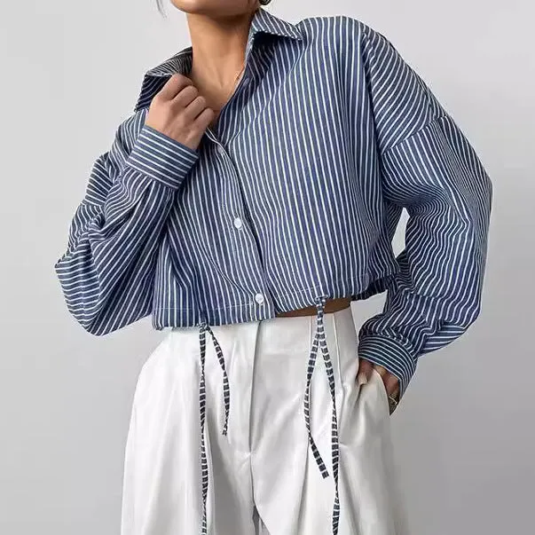 Cropped Lace-Up Striped Blouse Commuter Top Wholesale Womens Clothing N3824081300005