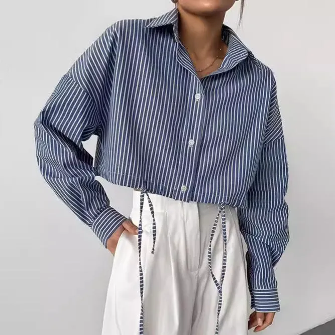 Cropped Lace-Up Striped Blouse Commuter Top Wholesale Womens Clothing N3824081300005
