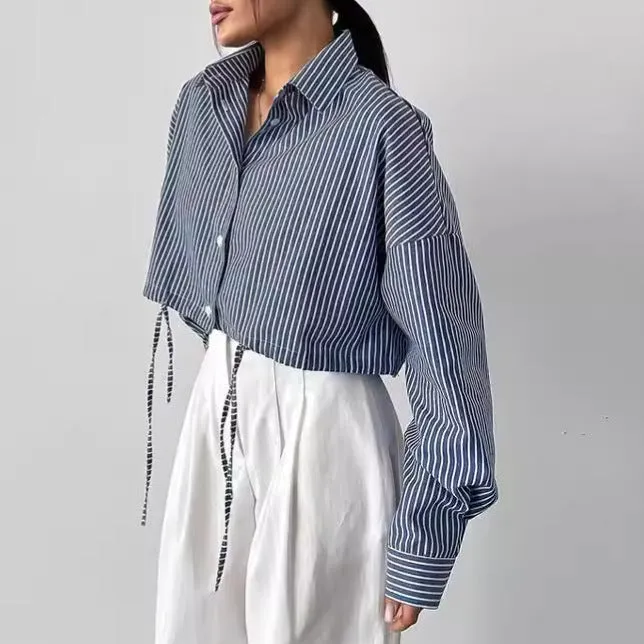 Cropped Lace-Up Striped Blouse Commuter Top Wholesale Womens Clothing N3824081300005
