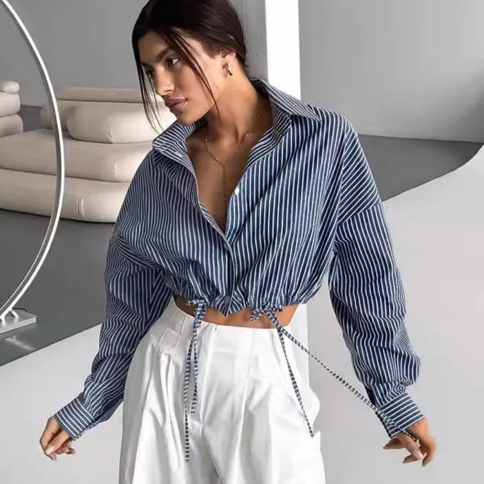 Cropped Lace-Up Striped Blouse Commuter Top Wholesale Womens Clothing N3824081300005