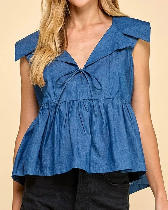 Denim Collared Peplum Top