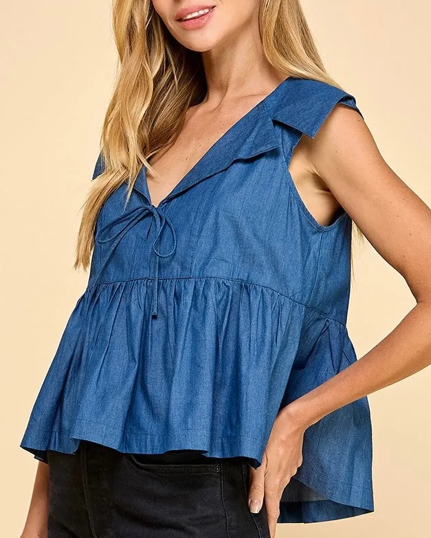 Denim Collared Peplum Top