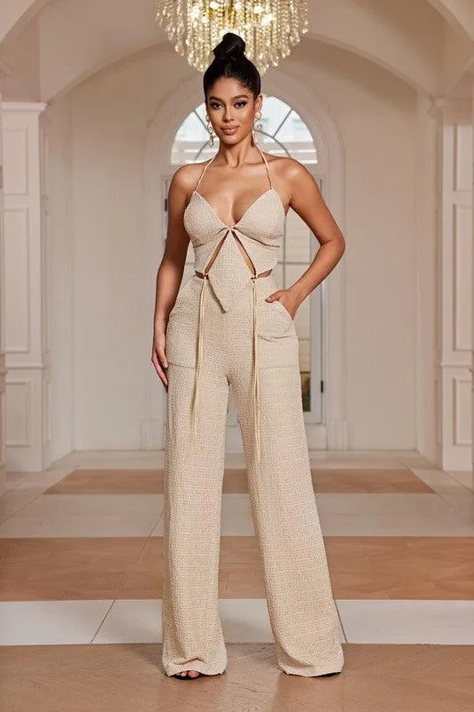 DIAMOND TOP LINEN CROCHET PANT SET
