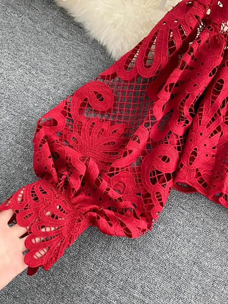 Elegant Lantern Short Blouse Sexy Lace Hollow Top