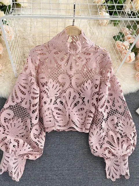Elegant Lantern Short Blouse Sexy Lace Hollow Top