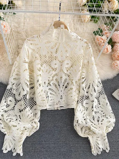 Elegant Lantern Short Blouse Sexy Lace Hollow Top