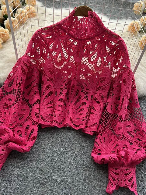 Elegant Lantern Short Blouse Sexy Lace Hollow Top