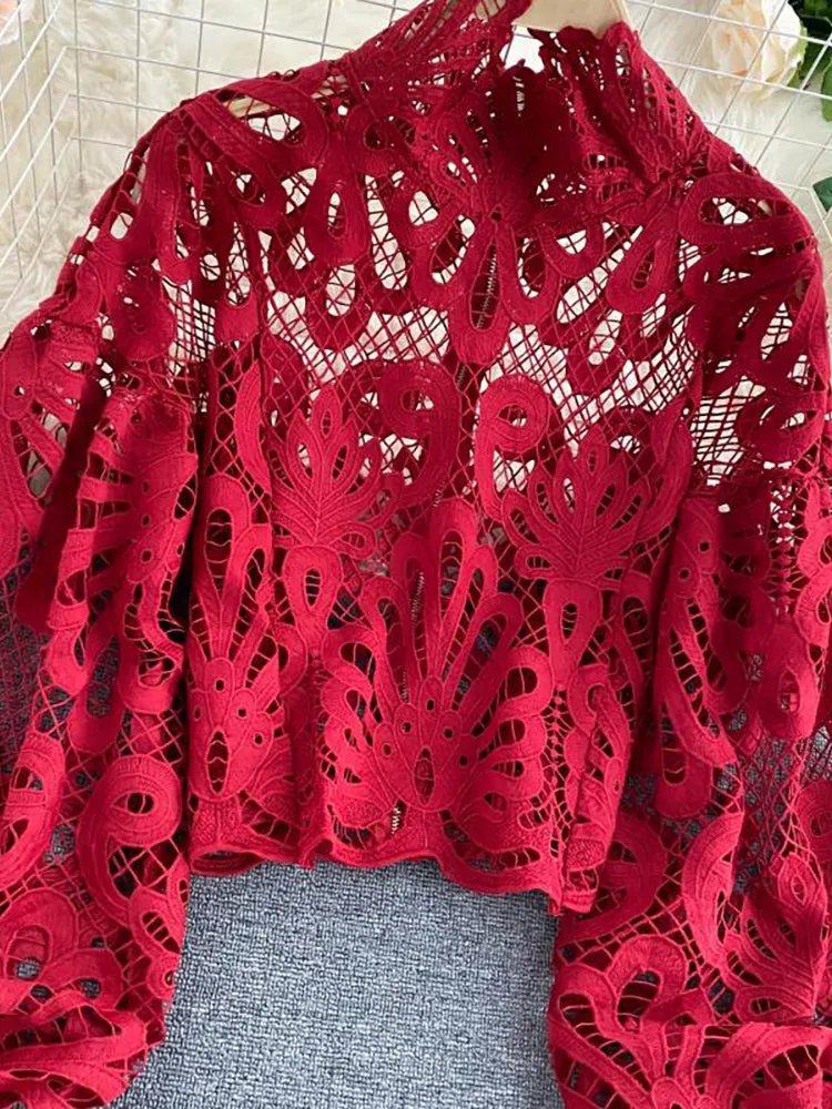 Elegant Lantern Short Blouse Sexy Lace Hollow Top