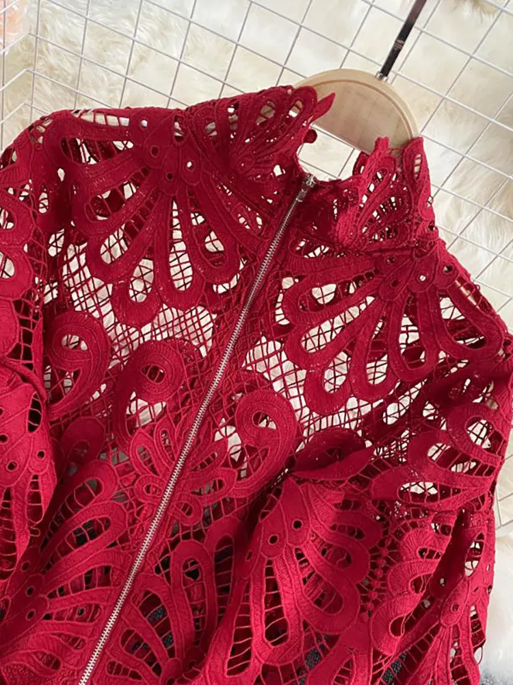 Elegant Lantern Short Blouse Sexy Lace Hollow Top