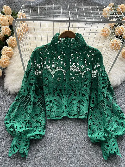 Elegant Lantern Short Blouse Sexy Lace Hollow Top