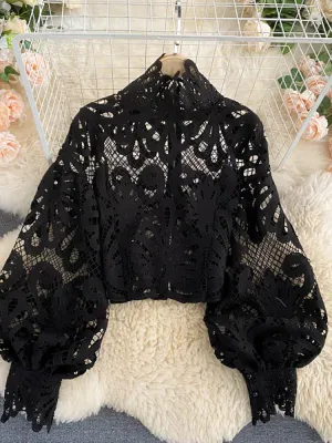 Elegant Lantern Short Blouse Sexy Lace Hollow Top