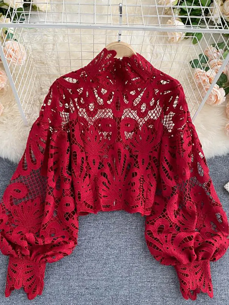 Elegant Lantern Short Blouse Sexy Lace Hollow Top