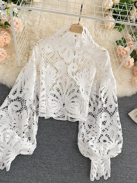 Elegant Lantern Short Blouse Sexy Lace Hollow Top