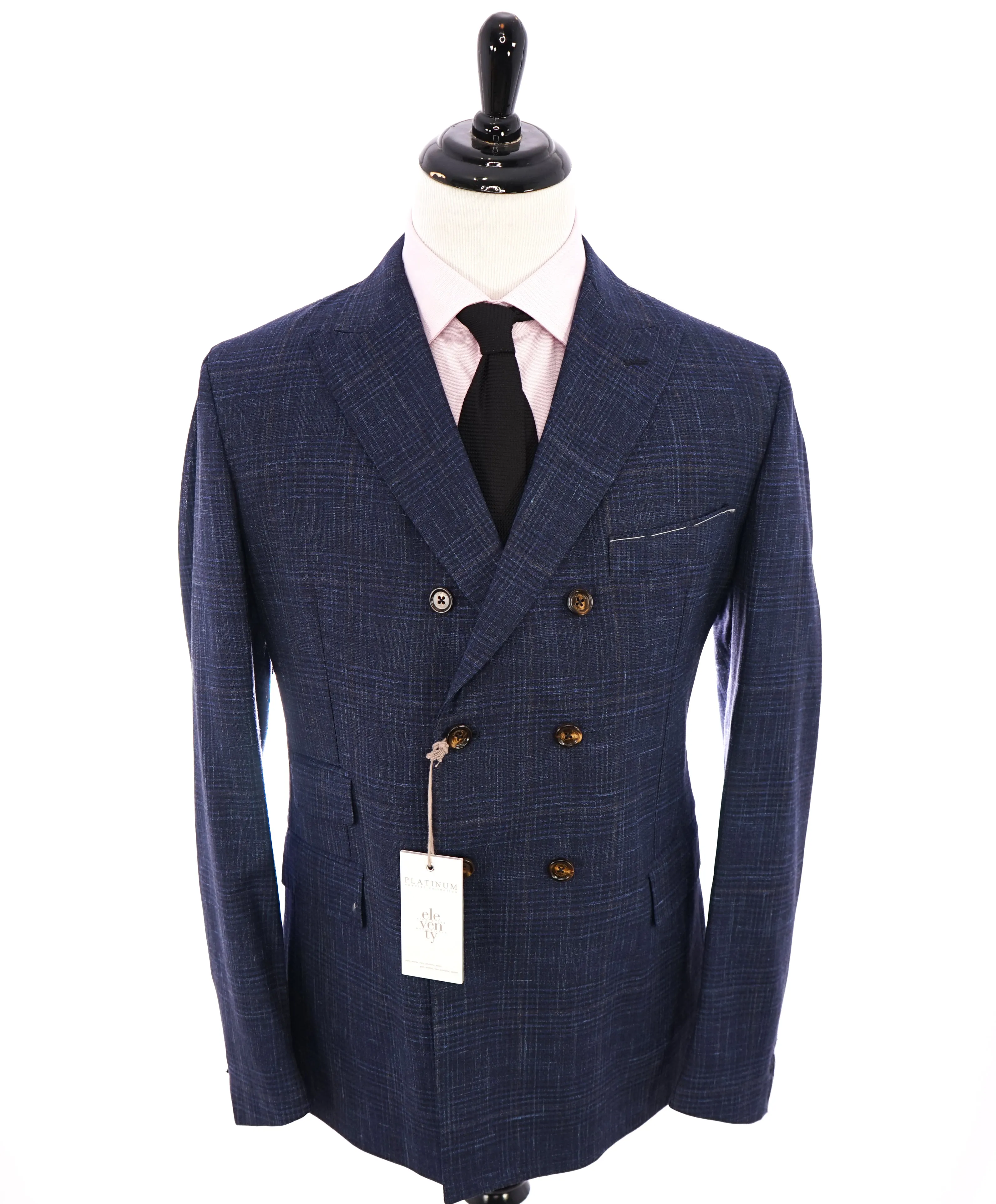 ELEVENTY - "PLATINUM" Hand Made Double Breasted Blue SILK/LINEN Suit - 44R