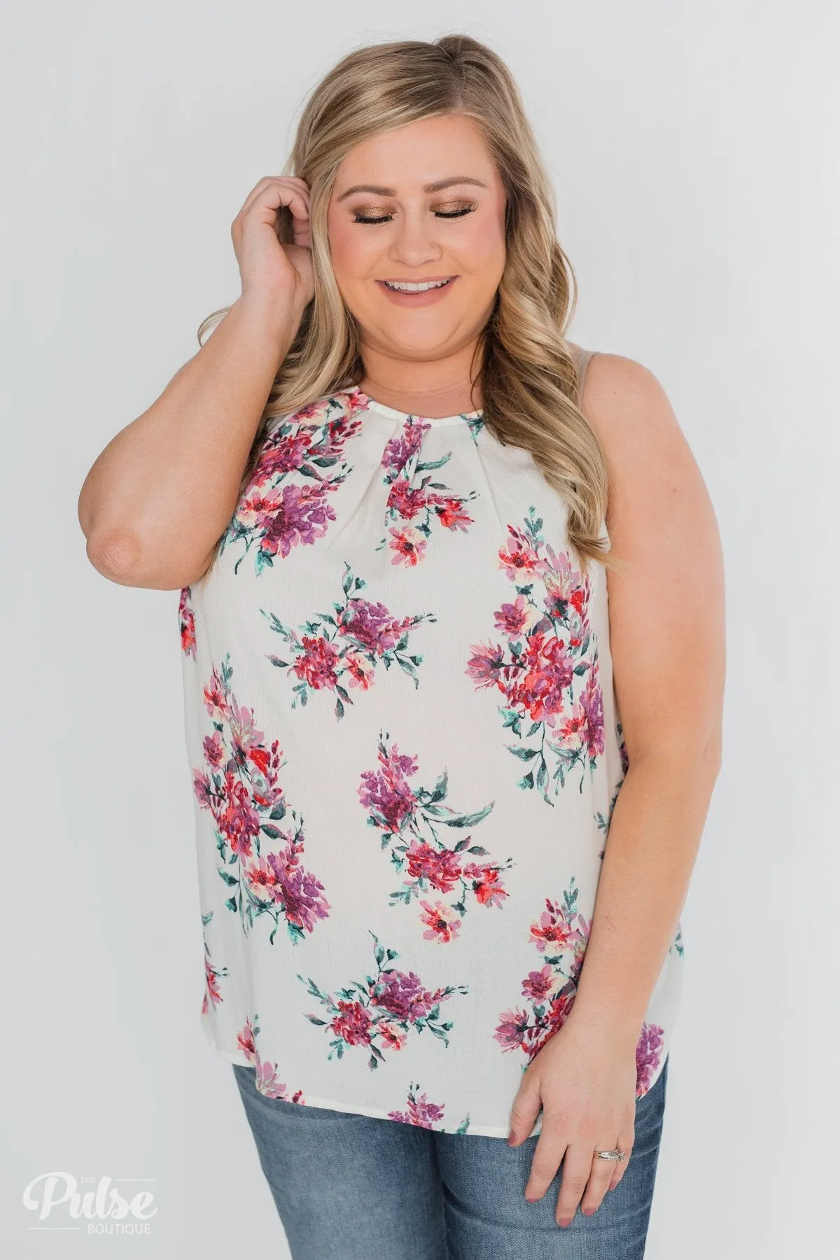 Embrace the Floral Halter Tank Top- Ivory