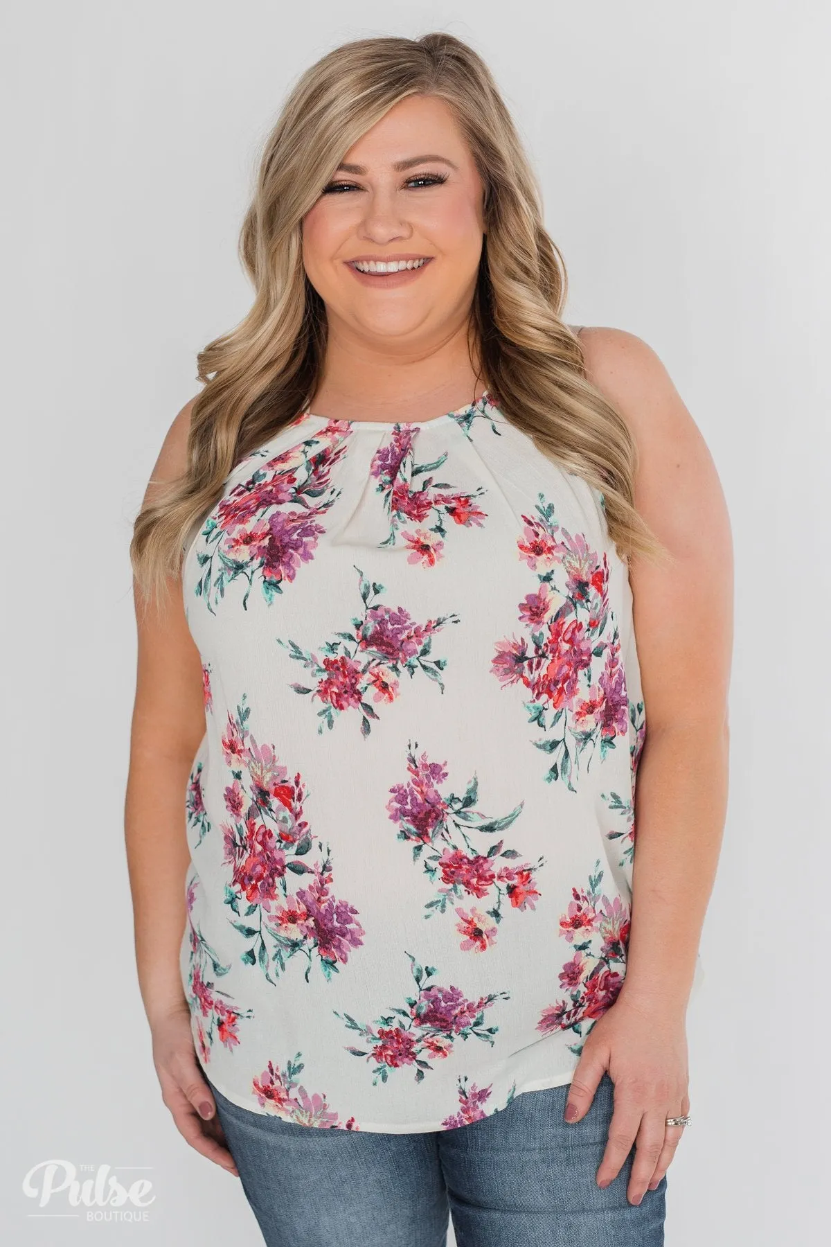 Embrace the Floral Halter Tank Top- Ivory