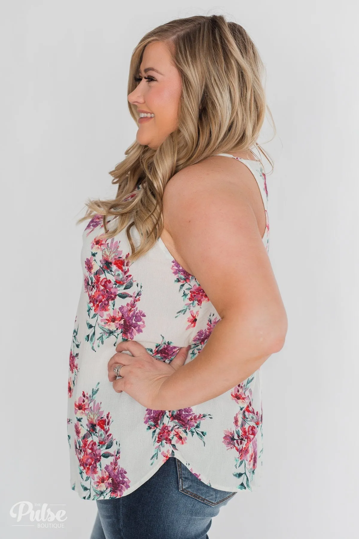 Embrace the Floral Halter Tank Top- Ivory