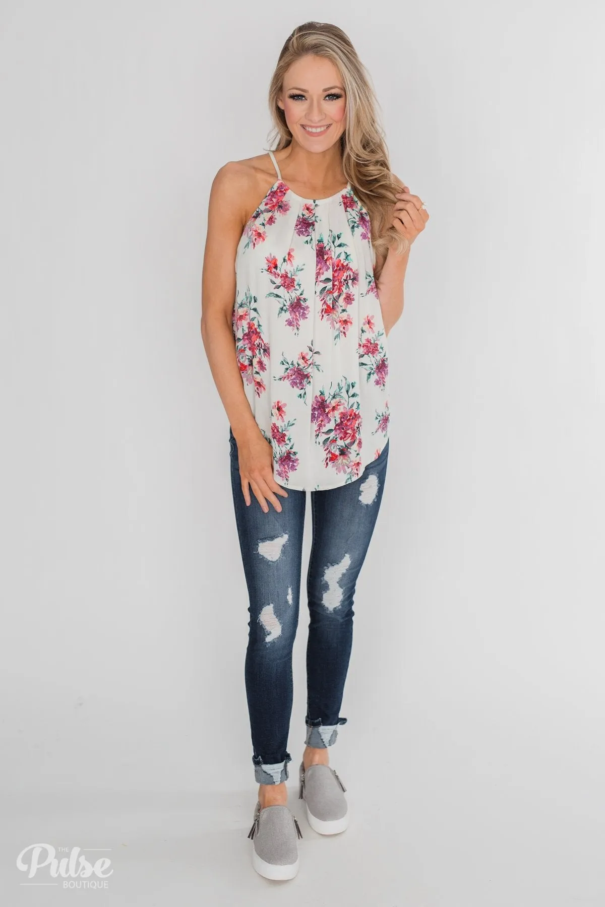 Embrace the Floral Halter Tank Top- Ivory